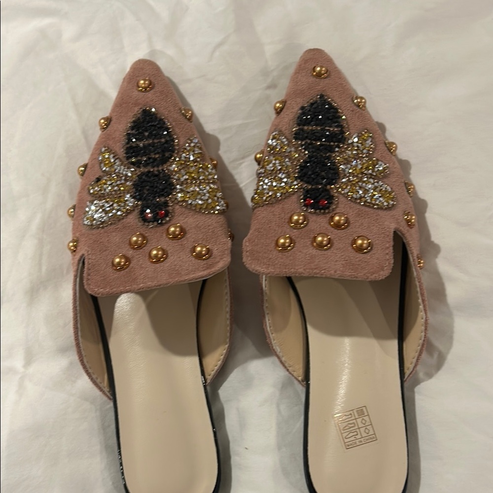 Embellished Pink Mules in new condition. Look beautiful and flattering. Size 9.5